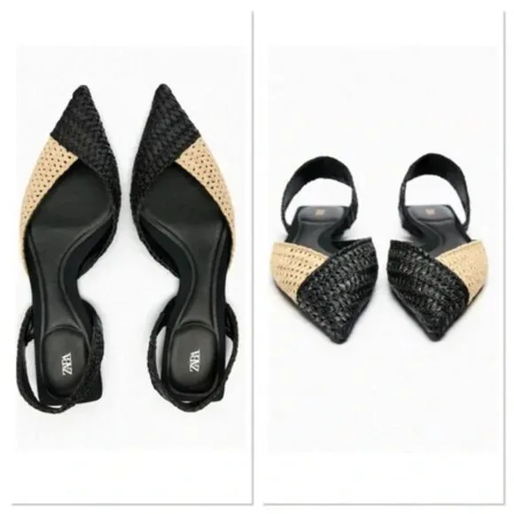 Black Tan Color Block Zara Woven Raffia Pointed Toe Slingback Flats (NWT)