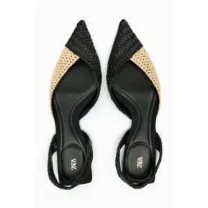 Black Tan Color Block Zara Woven Raffia Pointed Toe Slingback Flats (NWT)