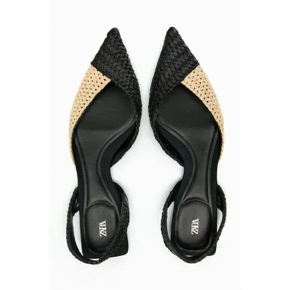 Black Tan Color Block Zara Woven Raffia Pointed Toe Slingback Flats (NWT)