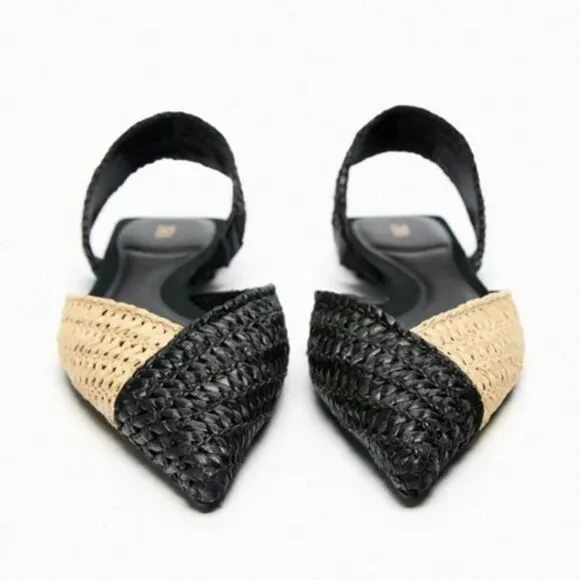 Black Tan Color Block Zara Woven Raffia Pointed Toe Slingback Flats (NWT)