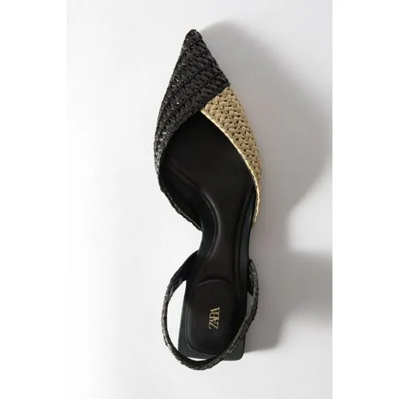 Black Tan Color Block Zara Woven Raffia Pointed Toe Slingback Flats (NWT)