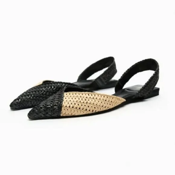 Black Tan Color Block Zara Woven Raffia Pointed Toe Slingback Flats (NWT)