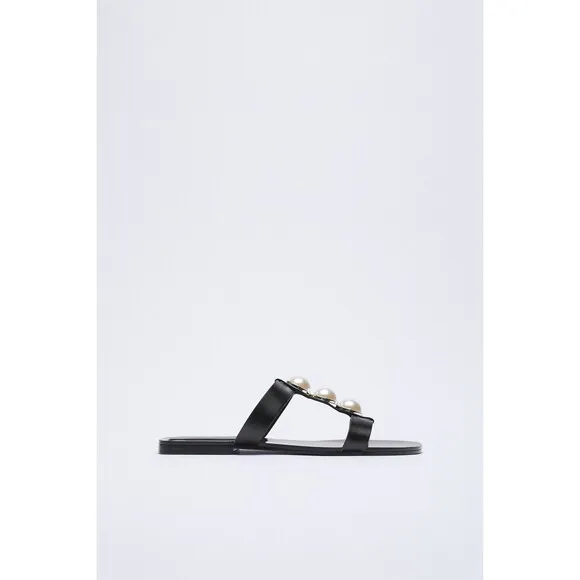 Black Zara Pearl Embellished Leather Flat Slip-On Slides Sandals (NWT)