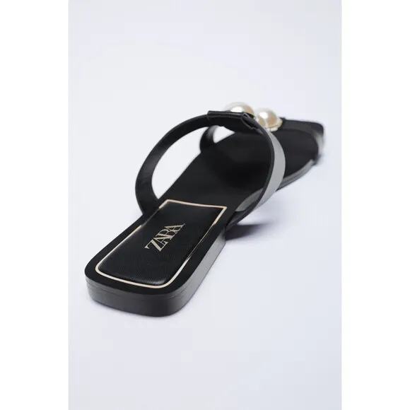 Black Zara Pearl Embellished Leather Flat Slip-On Slides Sandals (NWT)