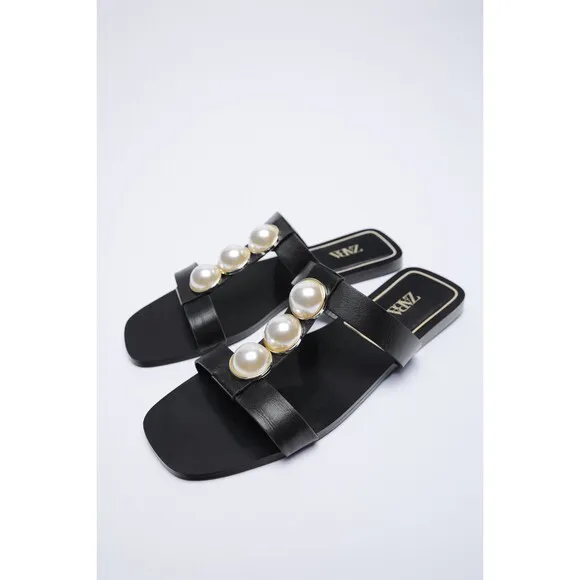 Black Zara Pearl Embellished Leather Flat Slip-On Slides Sandals (NWT)