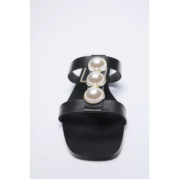 Black Zara Pearl Embellished Leather Flat Slip-On Slides Sandals (NWT)