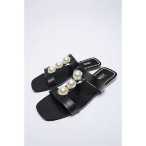 Black Zara Pearl Embellished Leather Flat Slip-On Slides Sandals (NWT)