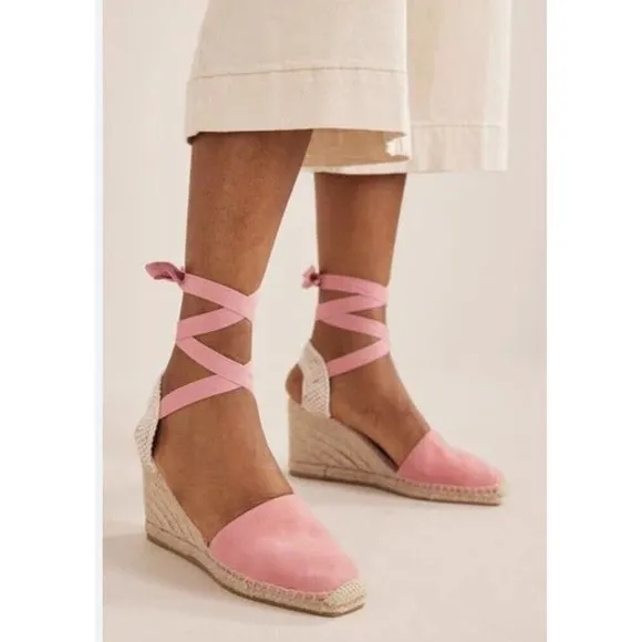 Boden Espadrilles Shoes Suede Jute Wedge Pink Size 9 US 40 EU Tie Up Bar…​​