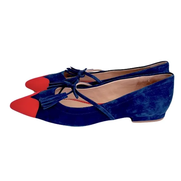 Boden Navy Suede and Poppy Red Leather Mary Jane Tassel Tie Point Flats, Size 40