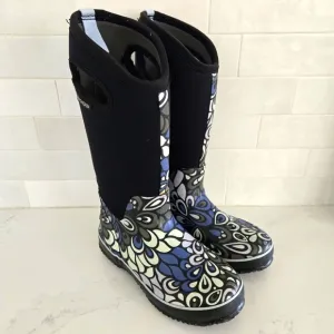 Bogs Classic High Lanai Waterproof Winter Snow Rain Boots Black Blue Flowers 6
