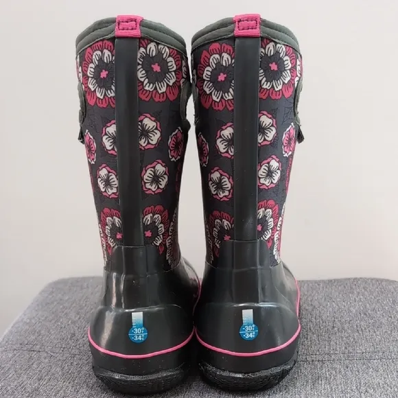 BOGS Floral Pansies Rain Winter Snow Boots - Gray and Pink Sz 5 Youth