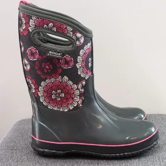 BOGS Floral Pansies Rain Winter Snow Boots - Gray and Pink Sz 5 Youth