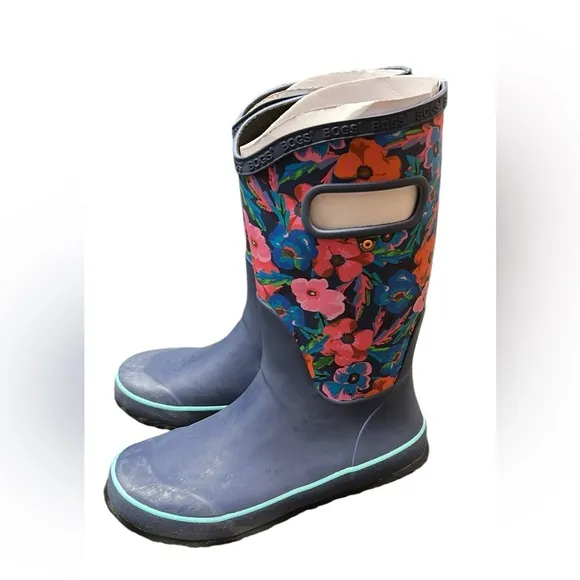 Bogs Kids Rain &amp; Snow Boots - Blue with Floral Pattern sz 4