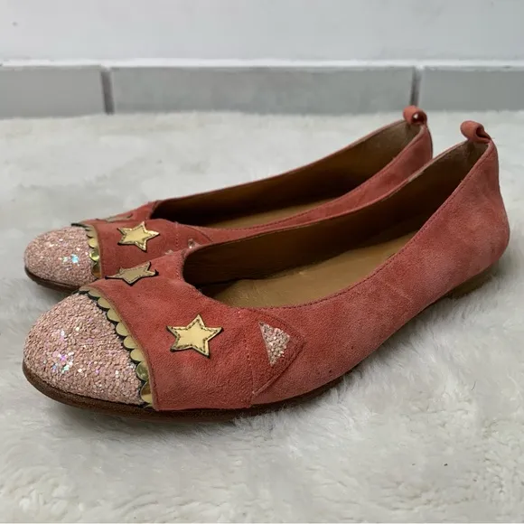 Bonpoint Girls Pink Gold Star Print Glitter Ballet Flat Shoes Size 36