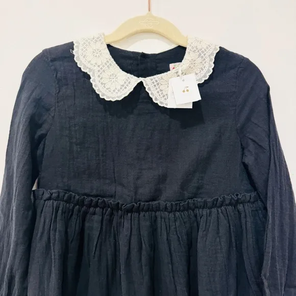 Bonpoint Kids little girls 100% cotton lace Peter pan collar black Dress NEW