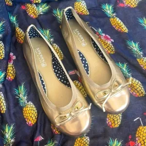 Brand New Sperry Elise Metallic Gold Tone Round Toe Slip On Shoes Ballet Flats