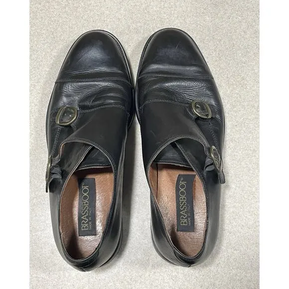 BRASSBOOT Made In Italy Men's 9 Black Leather Double Buckle Monk Strap Loafers