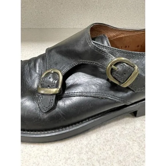BRASSBOOT Made In Italy Men's 9 Black Leather Double Buckle Monk Strap Loafers