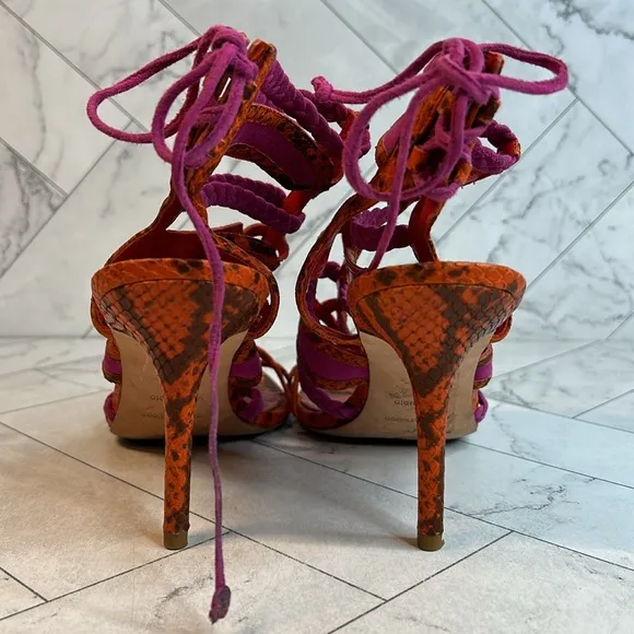 Brian Atwood Felisa Sandals Mixed Media Orange Pink Strappy Leather Size 10