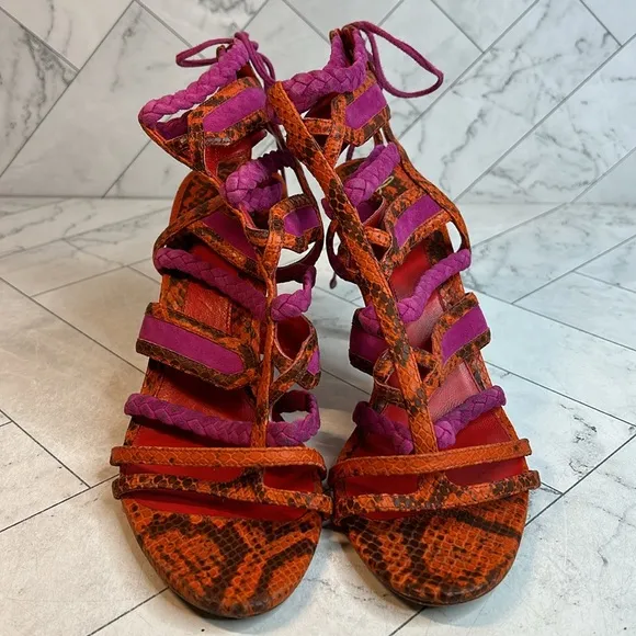 Brian Atwood Felisa Sandals Mixed Media Orange Pink Strappy Leather Size 10