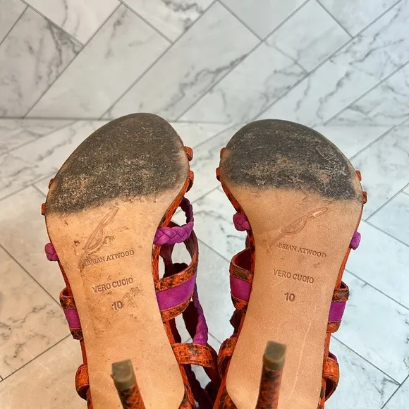 Brian Atwood Felisa Sandals Mixed Media Orange Pink Strappy Leather Size 10