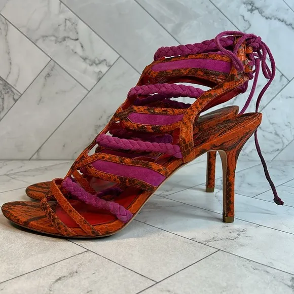 Brian Atwood Felisa Sandals Mixed Media Orange Pink Strappy Leather Size 10