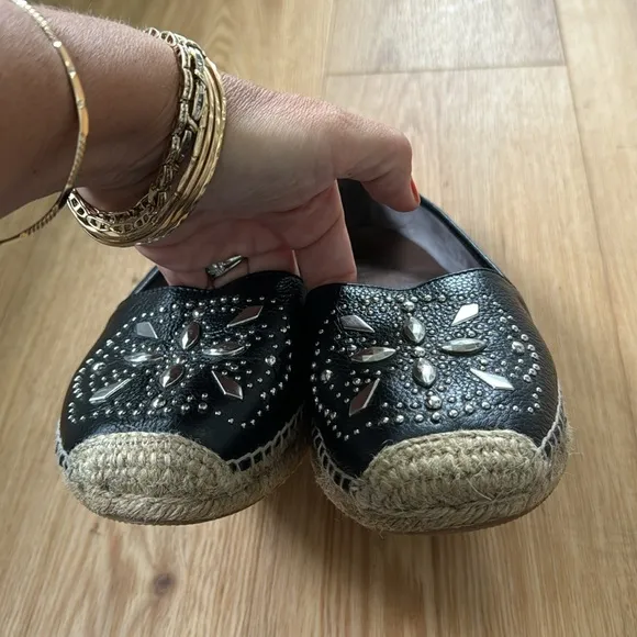 Brighton Black Studded Leather Jett Espadrille Slip On Shoes Sz 8