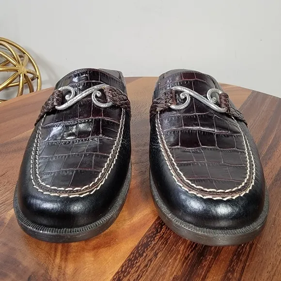 Brighton Sydney Leather Loafers Black and Brown Mules Women's Size 8