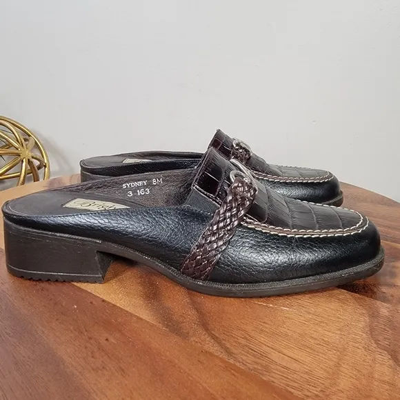 Brighton Sydney Leather Loafers Black and Brown Mules Women's Size 8