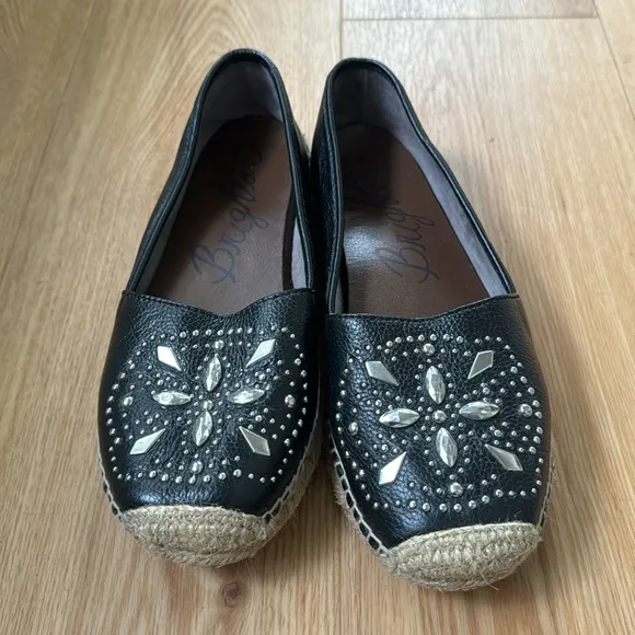 Brighton Womens Black Studded Leather Jett Espadrille Slip On Shoes Sz 8 Comfort