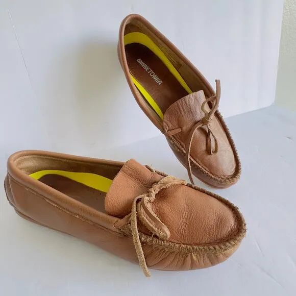 Brown Minnetonka Leather Moccasin Women Driving Loafers Cabincore Slip-On 10