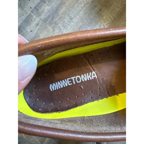 Brown Minnetonka Leather Moccasin Women Driving Loafers Cabincore Slip-On 10
