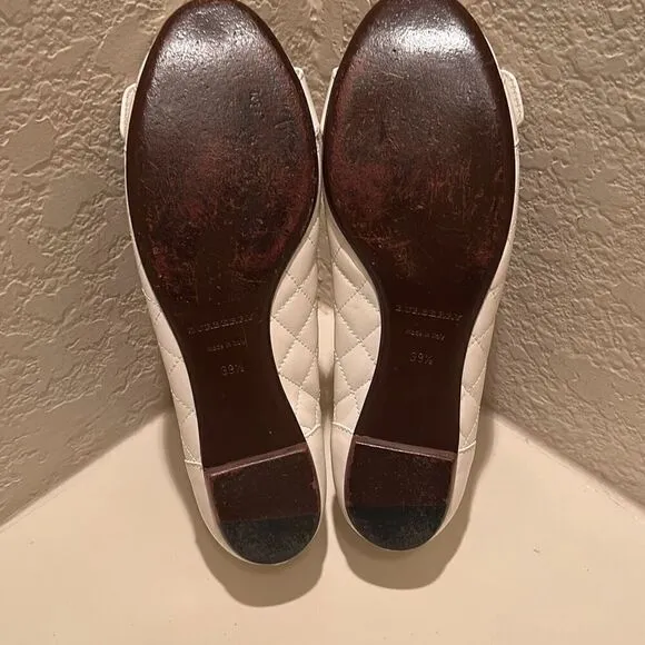 Burberry Women's 39.5 Quilted Leather Ballet Flats Cream White Buckle Toe Preppy