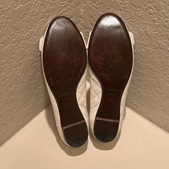 Burberry Women's 39.5 Quilted Leather Ballet Flats Cream White Buckle Toe Preppy