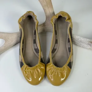 Burberry Yellow Patent Leather &amp; Nova Check Coated Canvas Scrunch Ballet Flats