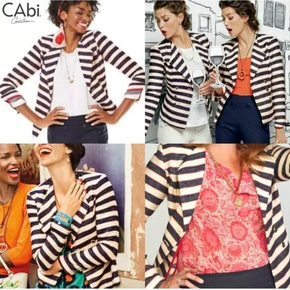 Cabi Women Cruise Nautical Striped Double Breasted Blazer Size 6