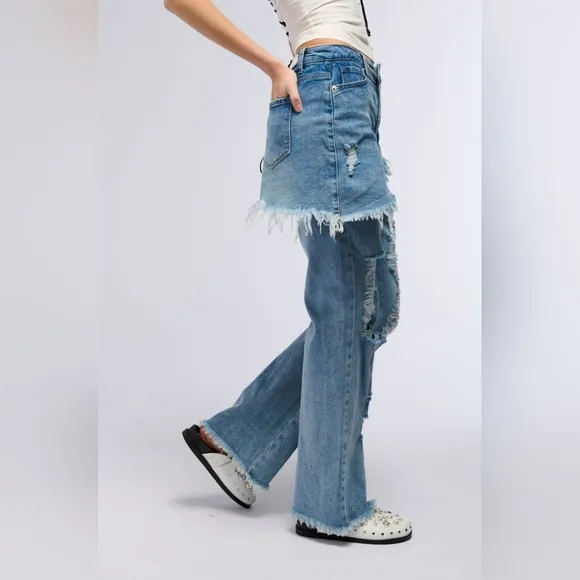 Callie Lives Stasia YMe AKIRA Distressed Skirt Straight Leg Denim Jeans 3