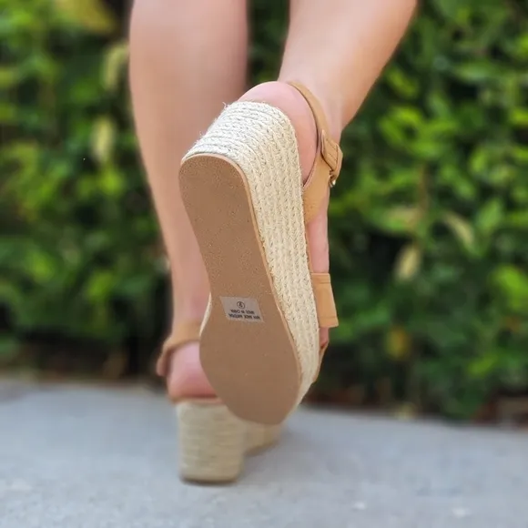 Camel Ankle Strap Wedge Espadrille