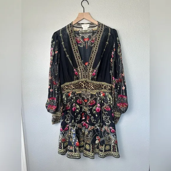 Camilla Button Front Frill Dress Gothic Goddess Silk Black Size XL Like New!