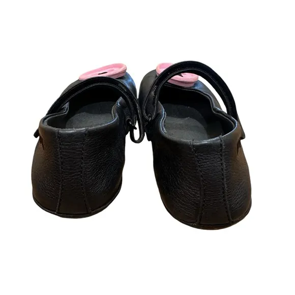 CAMPER Twins Girls Black Leather Ballet Flats with Pink Button Size 1US or 33EU