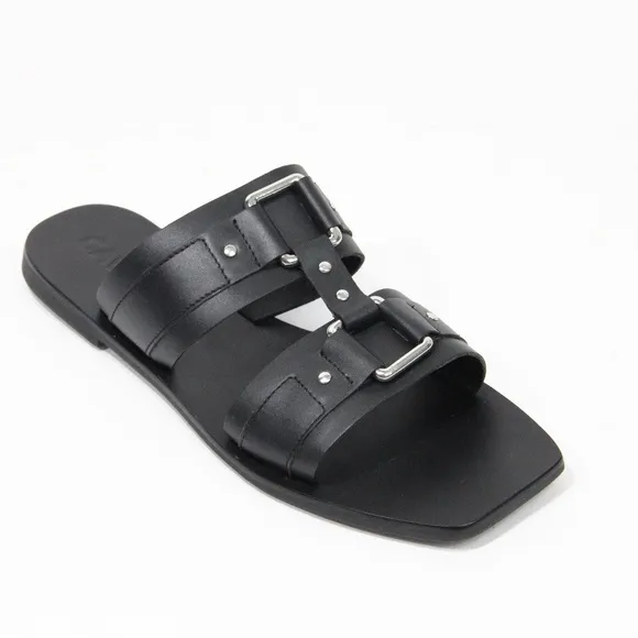 Caverley Women Square Toe Sandals NEW Black Leathe Shoes Flat Slide Eu 39 Cass