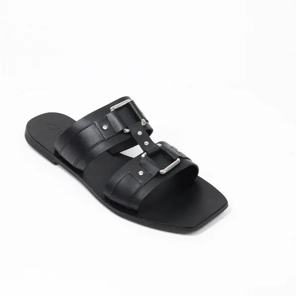 Caverley Women Square Toe Sandals NEW Black Leathe Shoes Flat Slide Eu 39 Cass