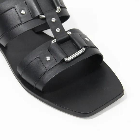 Caverley Women Square Toe Sandals NEW Black Leathe Shoes Flat Slide Eu 39 Cass