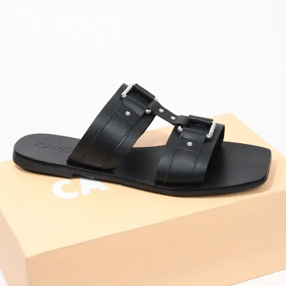 Caverley Women Square Toe Sandals NEW Black Leathe Shoes Flat Slide Eu 39 Cass