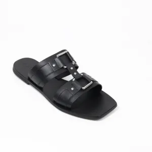 Caverley Women Square Toe Sandals NEW Black Leathe Shoes Flat Slide Eu 39 Cass