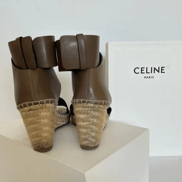 Celine by Phoebe Philo Leather Strap Wedge Jute Espadrilles Shoes Size 7 | IT 37