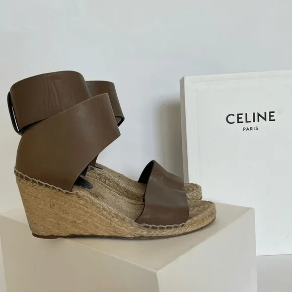 Celine by Phoebe Philo Leather Strap Wedge Jute Espadrilles Shoes Size 7 | IT 37