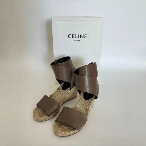 Celine by Phoebe Philo Leather Strap Wedge Jute Espadrilles Shoes Size 7 | IT 37