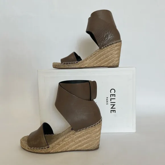 Celine by Phoebe Philo Leather Strap Wedge Jute Espadrilles Shoes Size 7 | IT 37