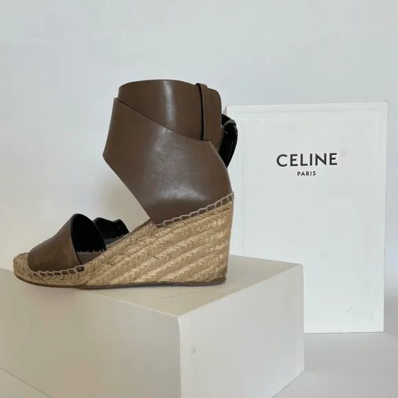 Celine by Phoebe Philo Leather Strap Wedge Jute Espadrilles Shoes Size 7 | IT 37